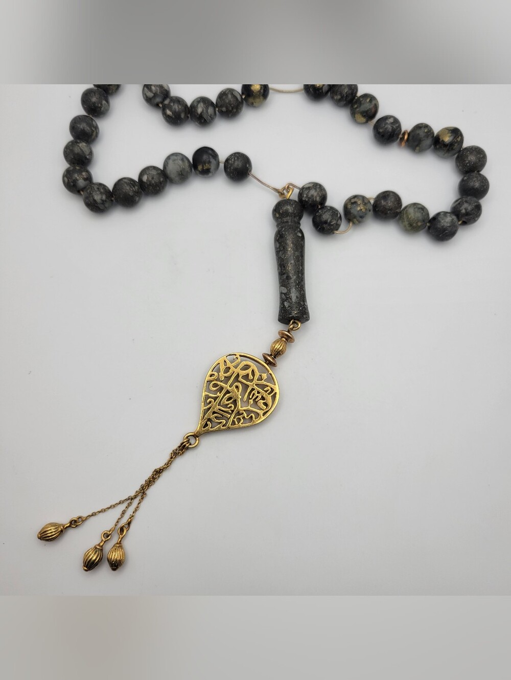 Vintage Islamic Prayer Beads Misbaha Tasbih Pyrite Flecked Stone Brass Tassel